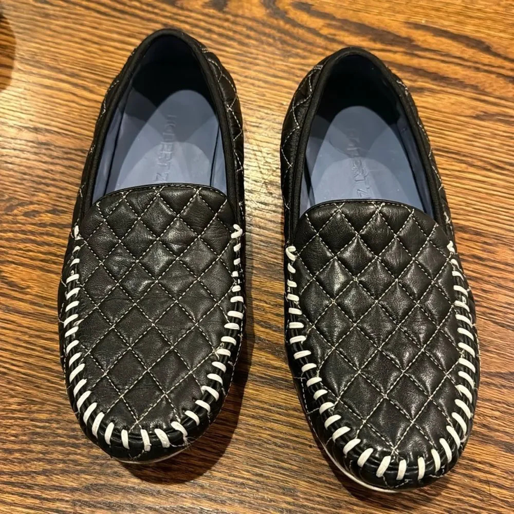 Robert Zur Quana navy leather quilted white whip lacing driving flat/loafer. 9.5